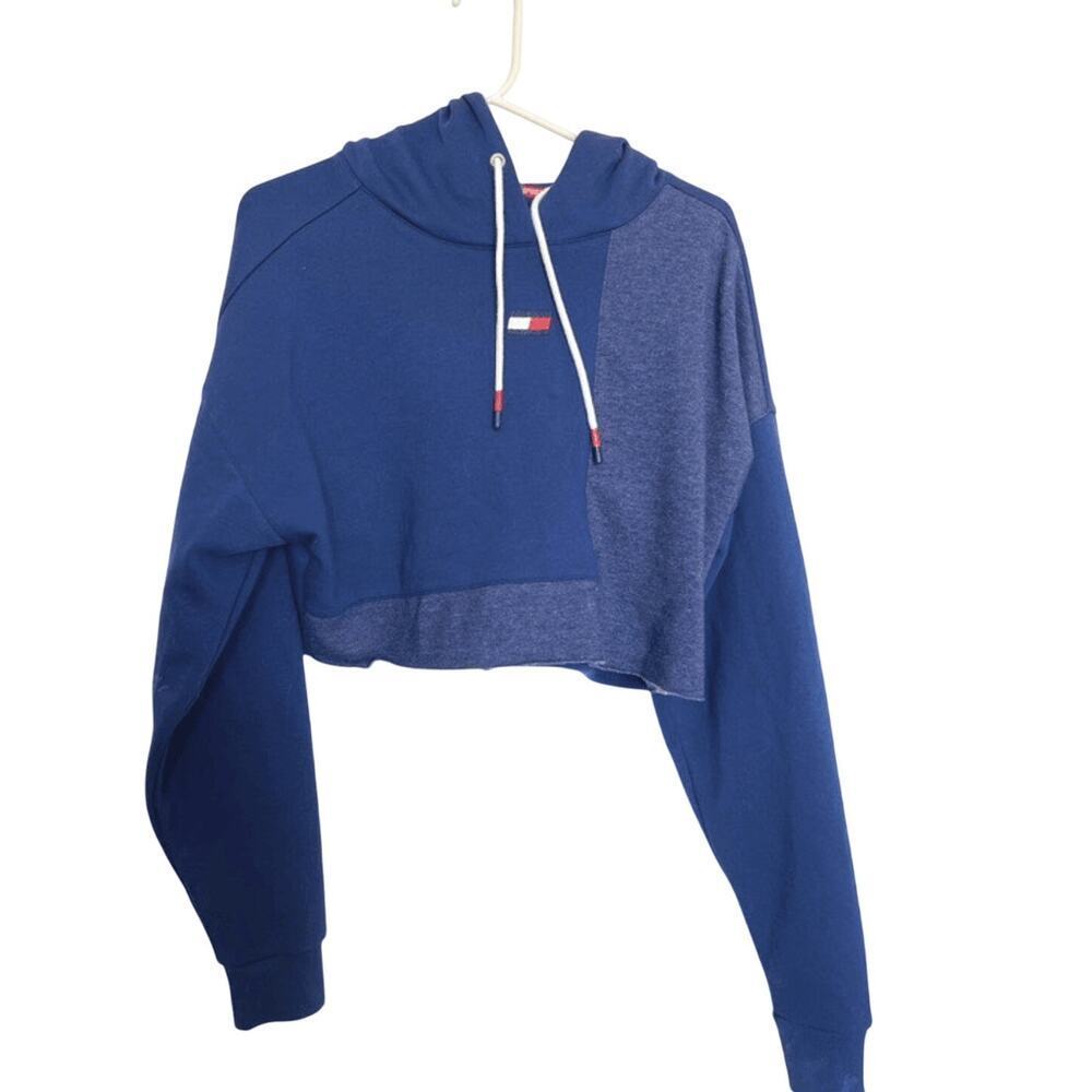Tommy Hilfiger womens size small Navy Blue Color Block Cropped fleece Hoodie